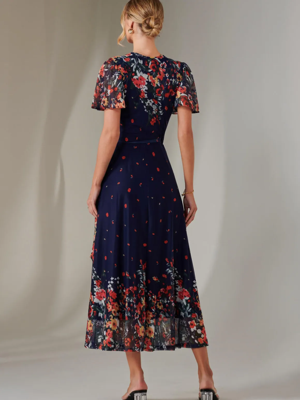 Mirror Print Mesh Wrap Maxi Dress, Floral Multi