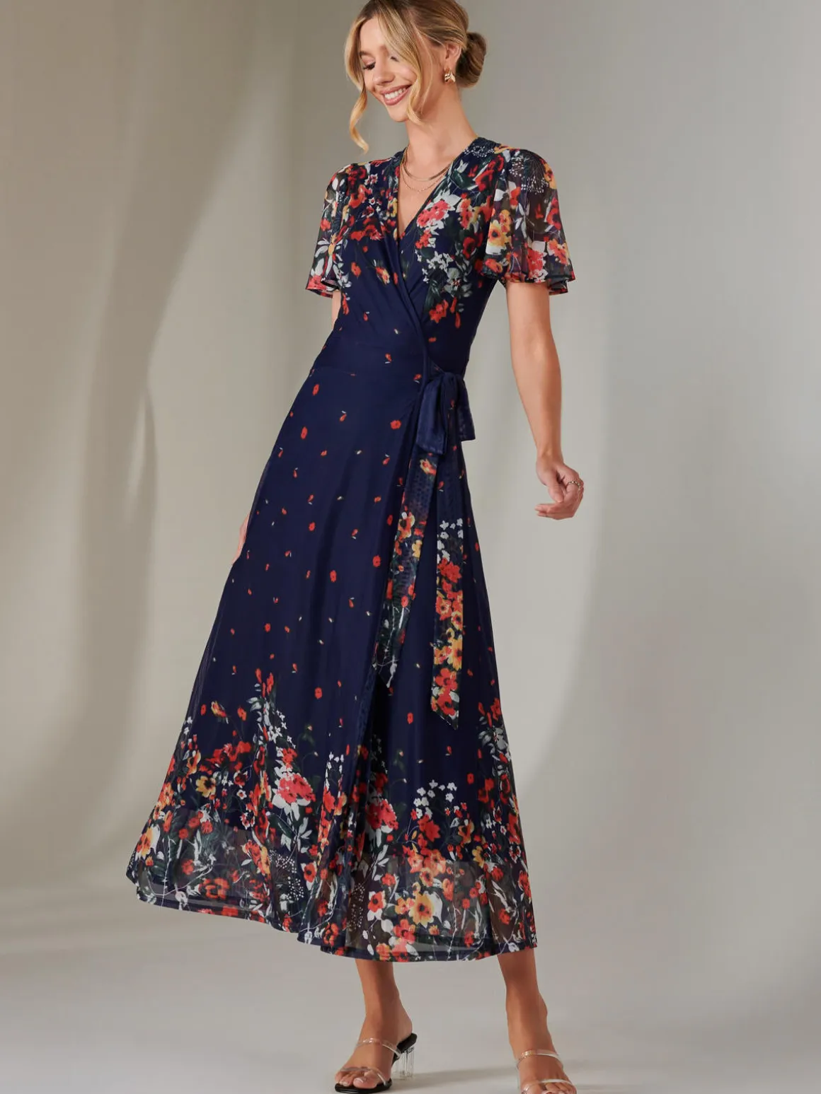 Mirror Print Mesh Wrap Maxi Dress, Floral Multi