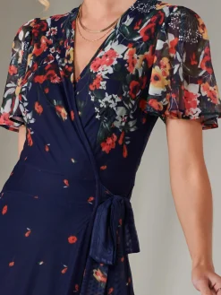 Mirror Print Mesh Wrap Maxi Dress, Floral Multi