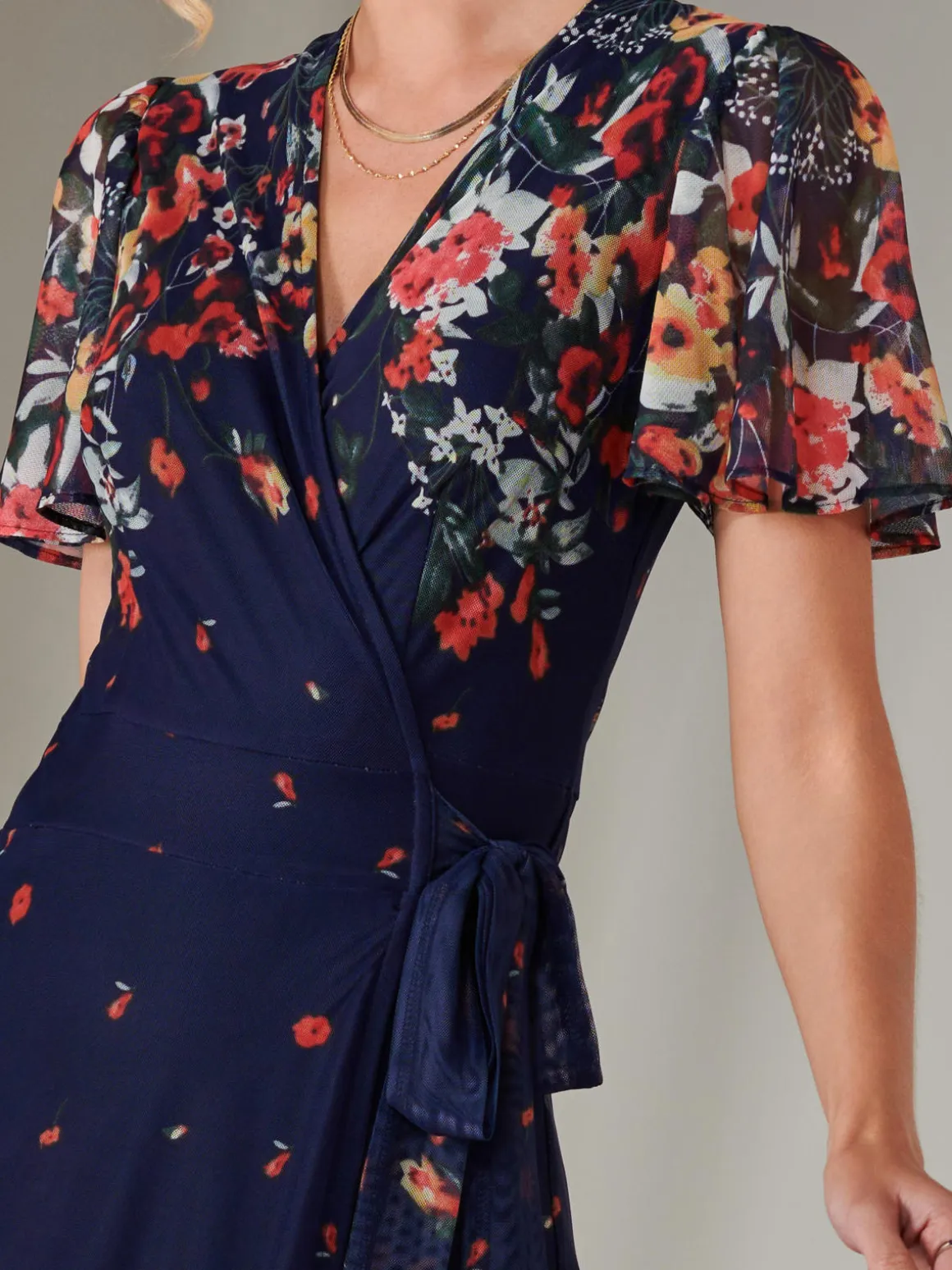 Mirror Print Mesh Wrap Maxi Dress, Floral Multi