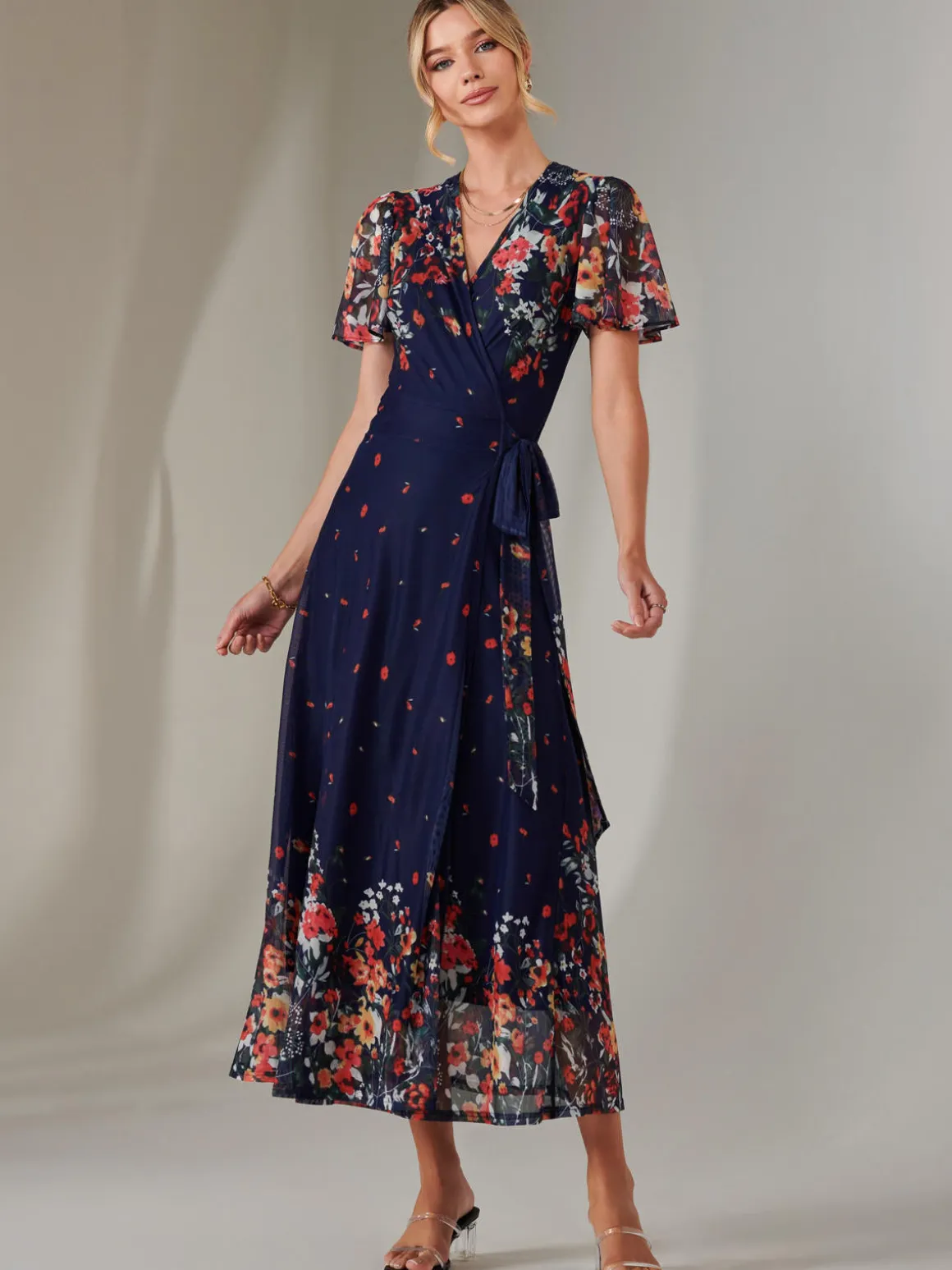 Mirror Print Mesh Wrap Maxi Dress, Floral Multi