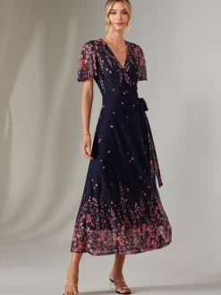 Mirror Print Mesh Wrap Maxi Dress, Navy Floral
