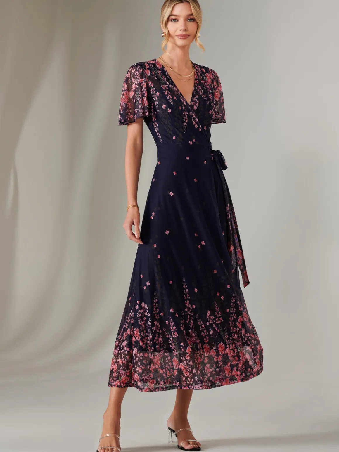 Mirror Print Mesh Wrap Maxi Dress, Navy Floral