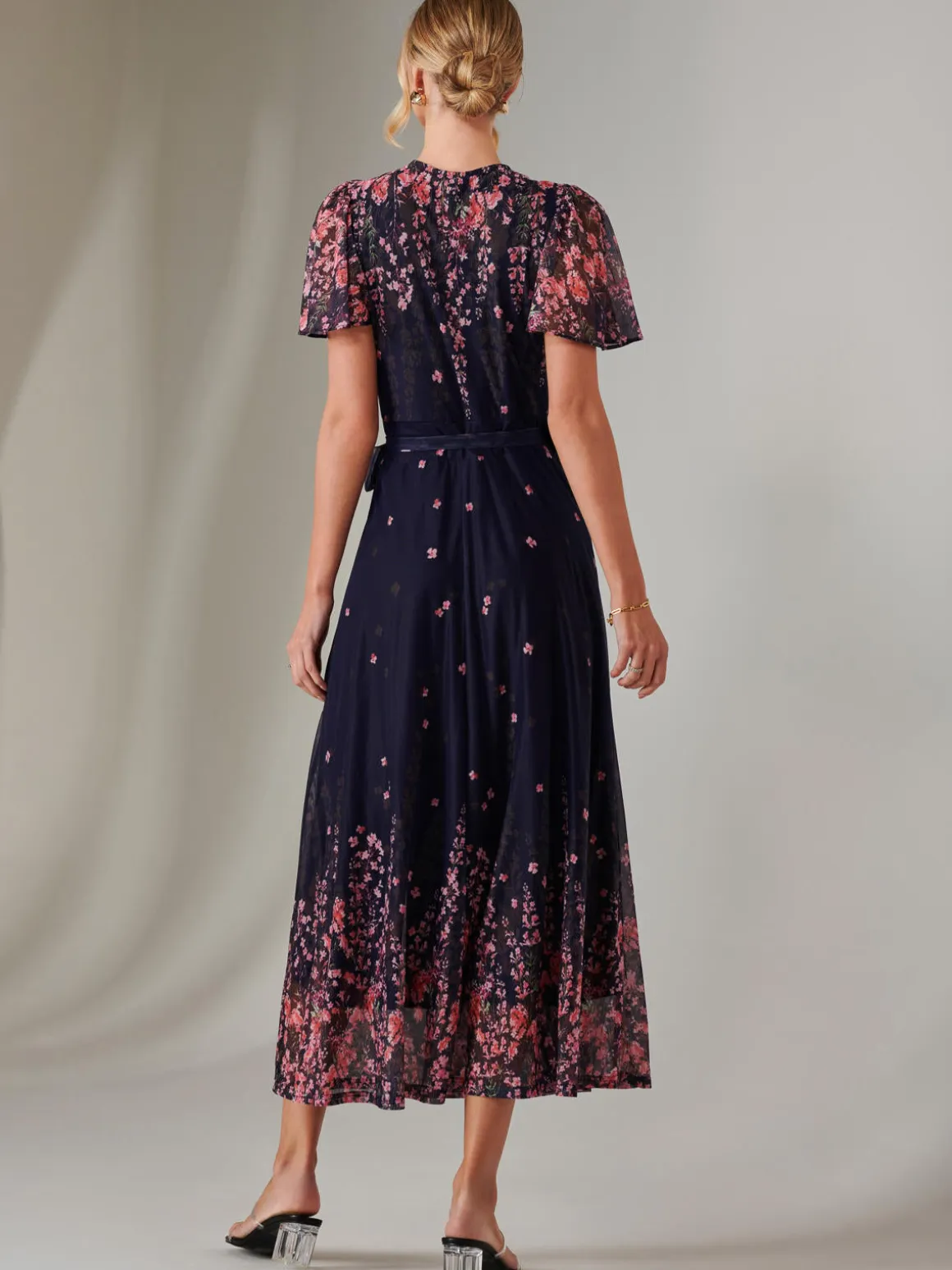 Mirror Print Mesh Wrap Maxi Dress, Navy Floral