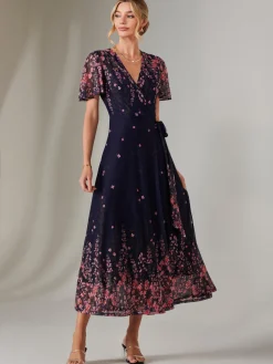Mirror Print Mesh Wrap Maxi Dress, Navy Floral
