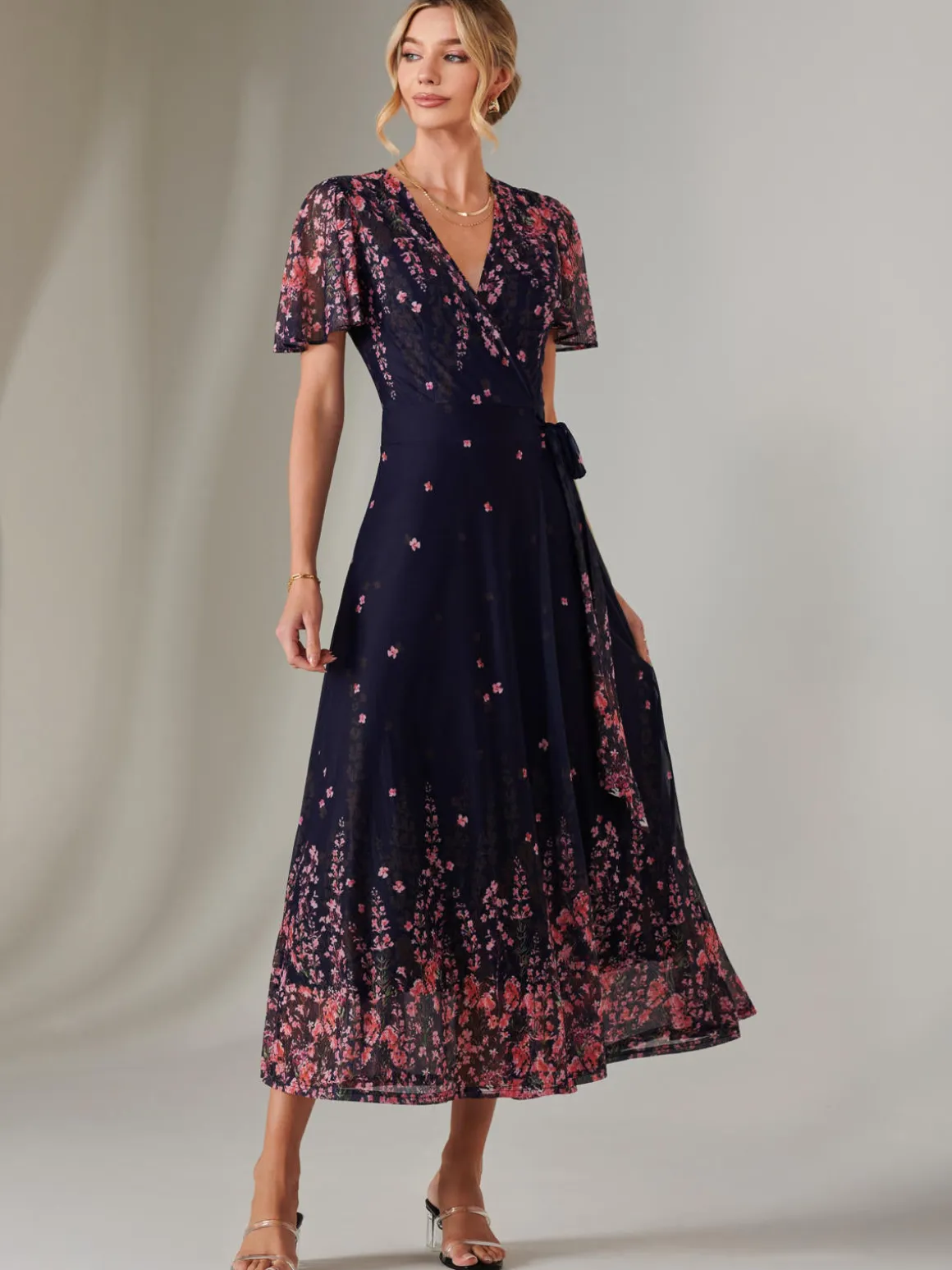 Mirror Print Mesh Wrap Maxi Dress, Navy Floral