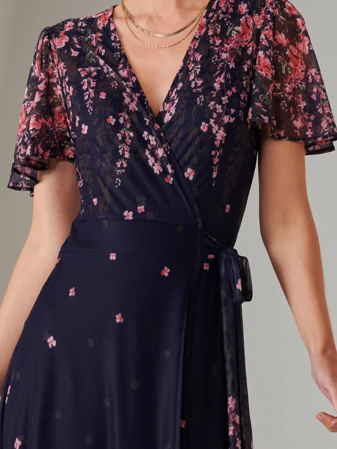 Mirror Print Mesh Wrap Maxi Dress, Navy Floral