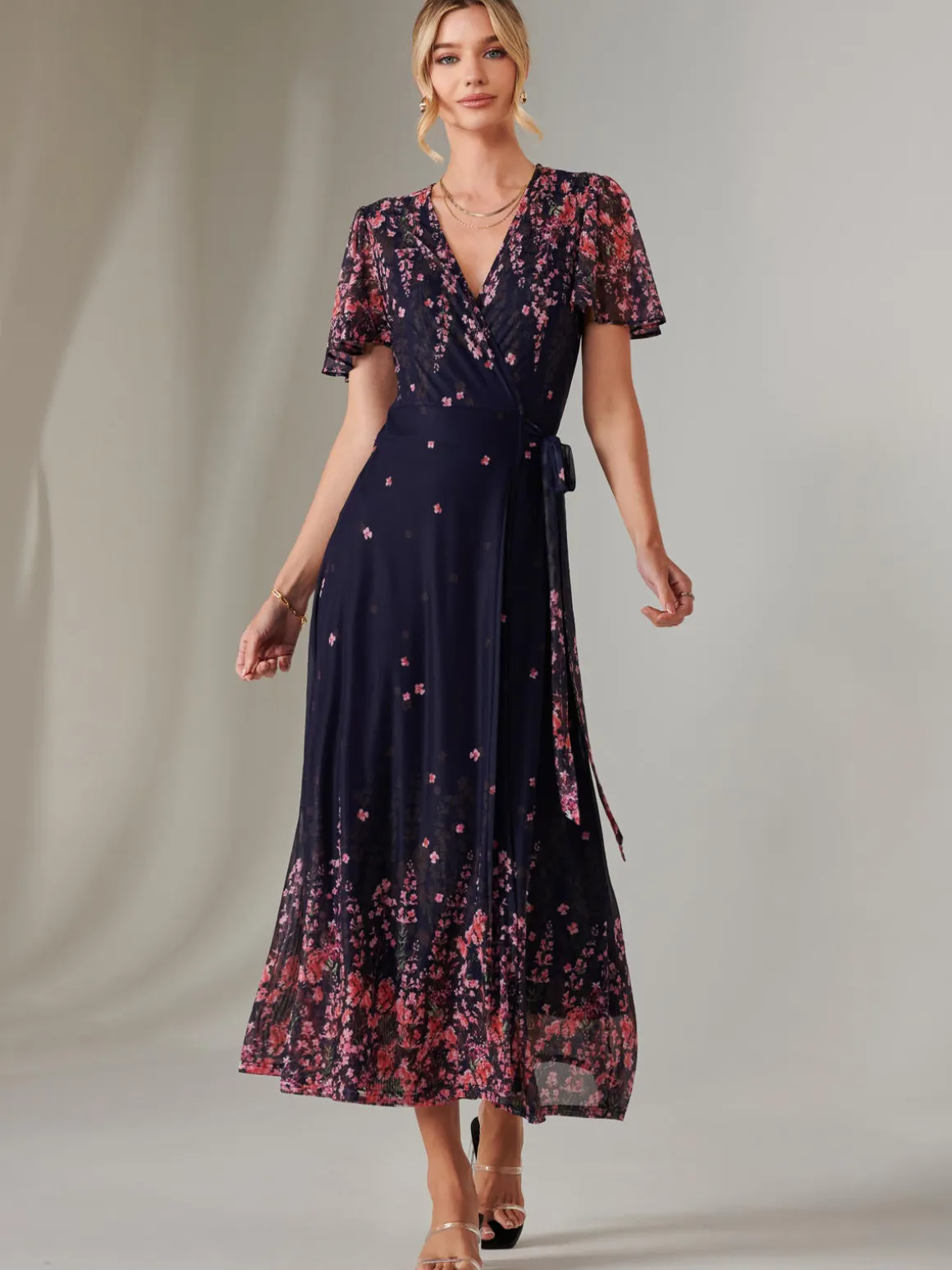Mirror Print Mesh Wrap Maxi Dress, Navy Floral