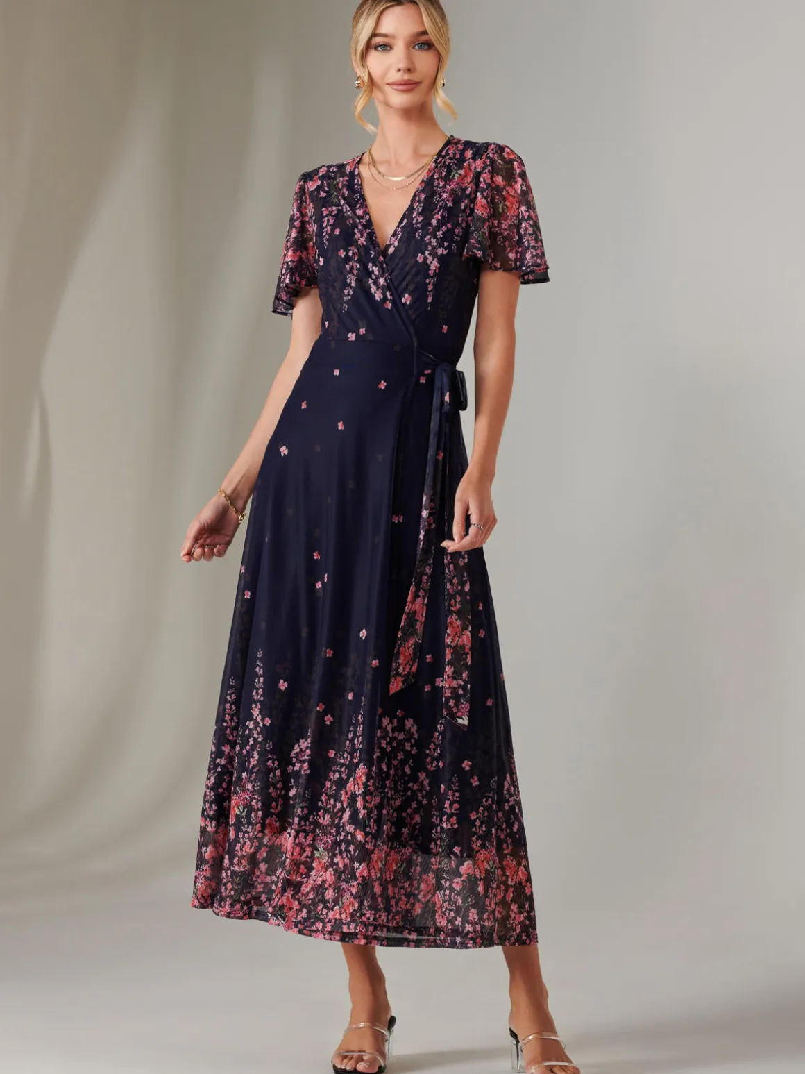Mirror Print Mesh Wrap Maxi Dress, Navy Floral