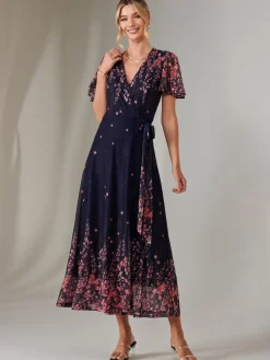 Mirror Print Mesh Wrap Maxi Dress, Navy Floral