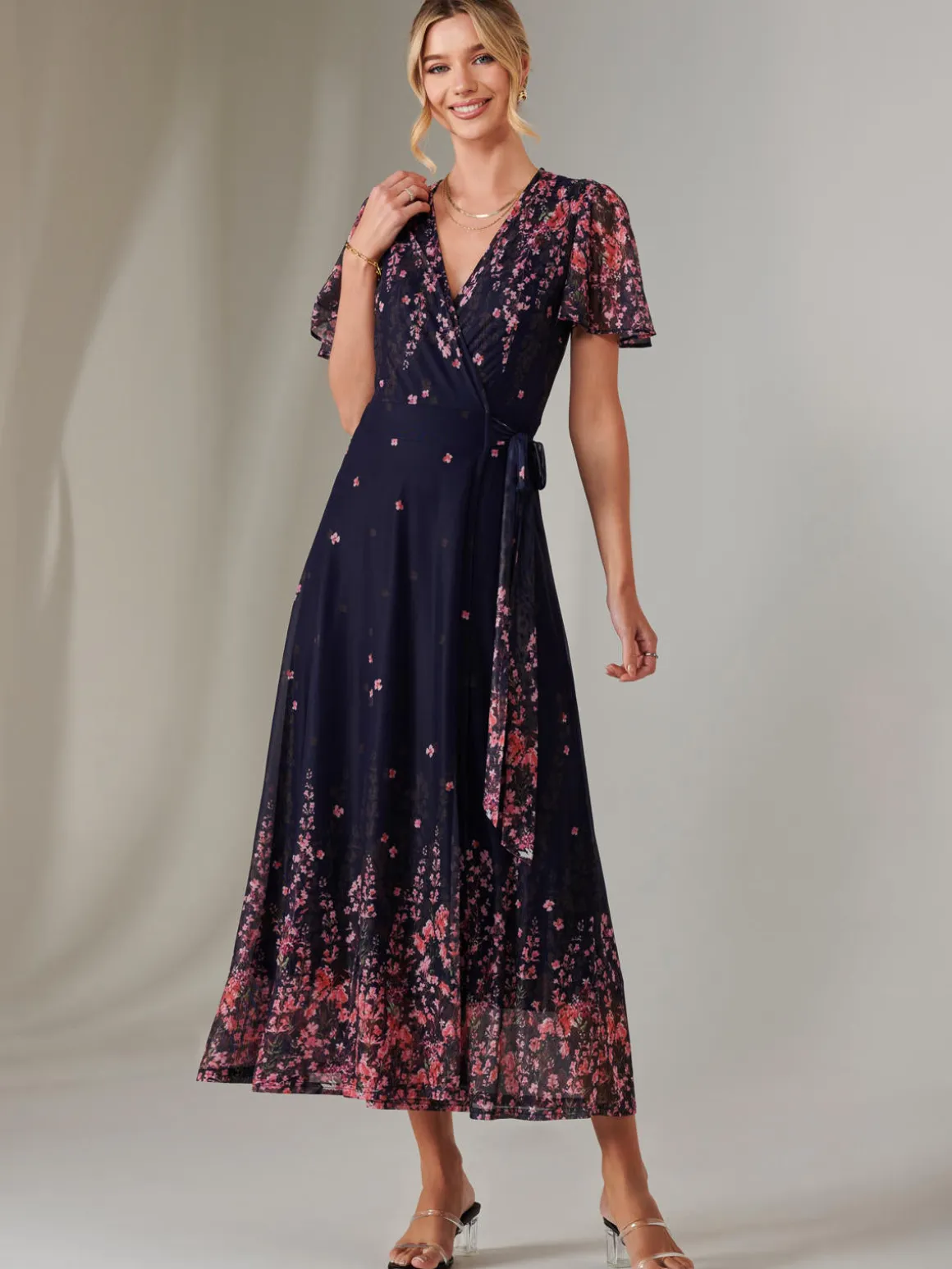 Mirror Print Mesh Wrap Maxi Dress, Navy Floral