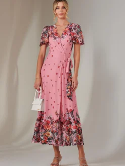 Mirror Print Mesh Wrap Maxi Dress, Pink Floral