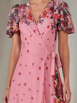 Mirror Print Mesh Wrap Maxi Dress, Pink Floral