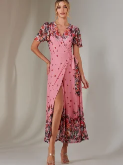 Mirror Print Mesh Wrap Maxi Dress, Pink Floral