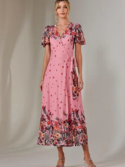 Mirror Print Mesh Wrap Maxi Dress, Pink Floral