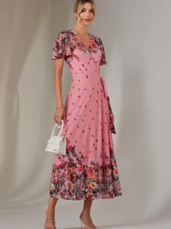 Mirror Print Mesh Wrap Maxi Dress, Pink Floral