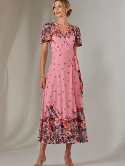 Mirror Print Mesh Wrap Maxi Dress, Pink Floral
