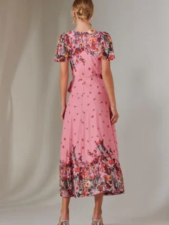Mirror Print Mesh Wrap Maxi Dress, Pink Floral