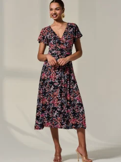 Mock Wrap Jersey Midi Dress, Black Floral