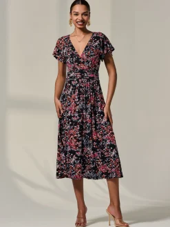 Mock Wrap Jersey Midi Dress, Black Floral