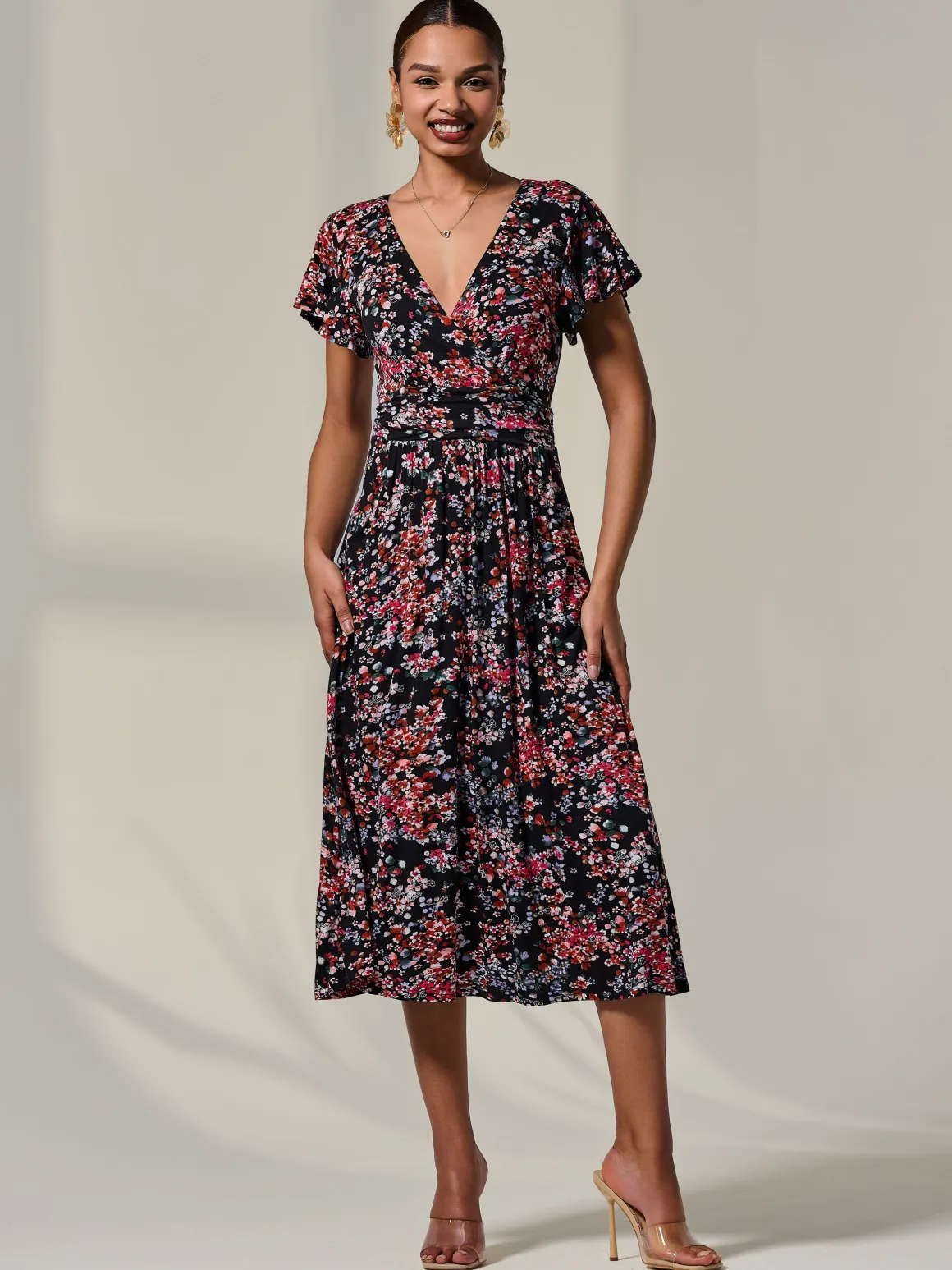 Mock Wrap Jersey Midi Dress, Black Floral