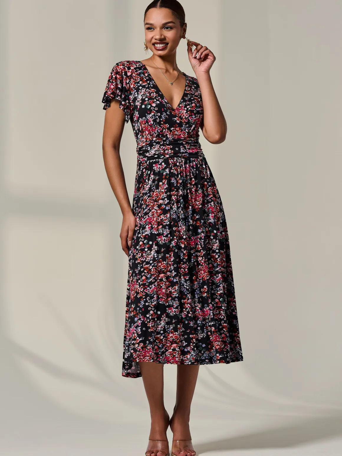 Mock Wrap Jersey Midi Dress, Black Floral