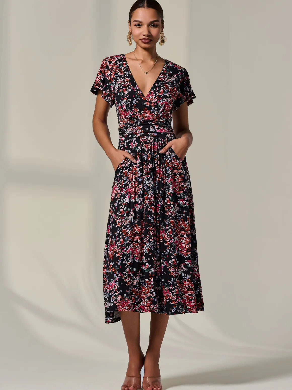 Mock Wrap Jersey Midi Dress, Black Floral
