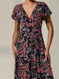 Mock Wrap Jersey Midi Dress, Black Floral