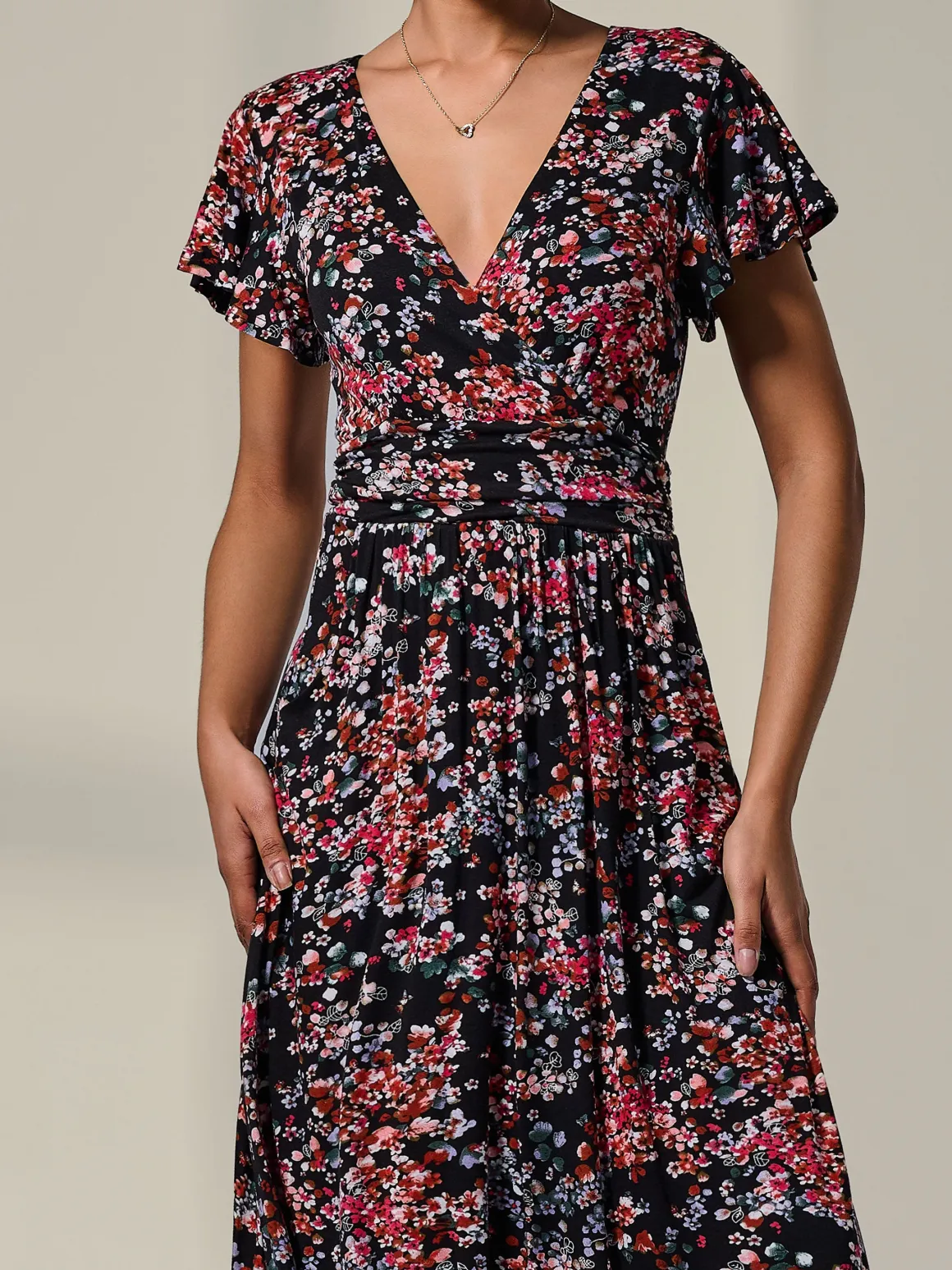 Mock Wrap Jersey Midi Dress, Black Floral