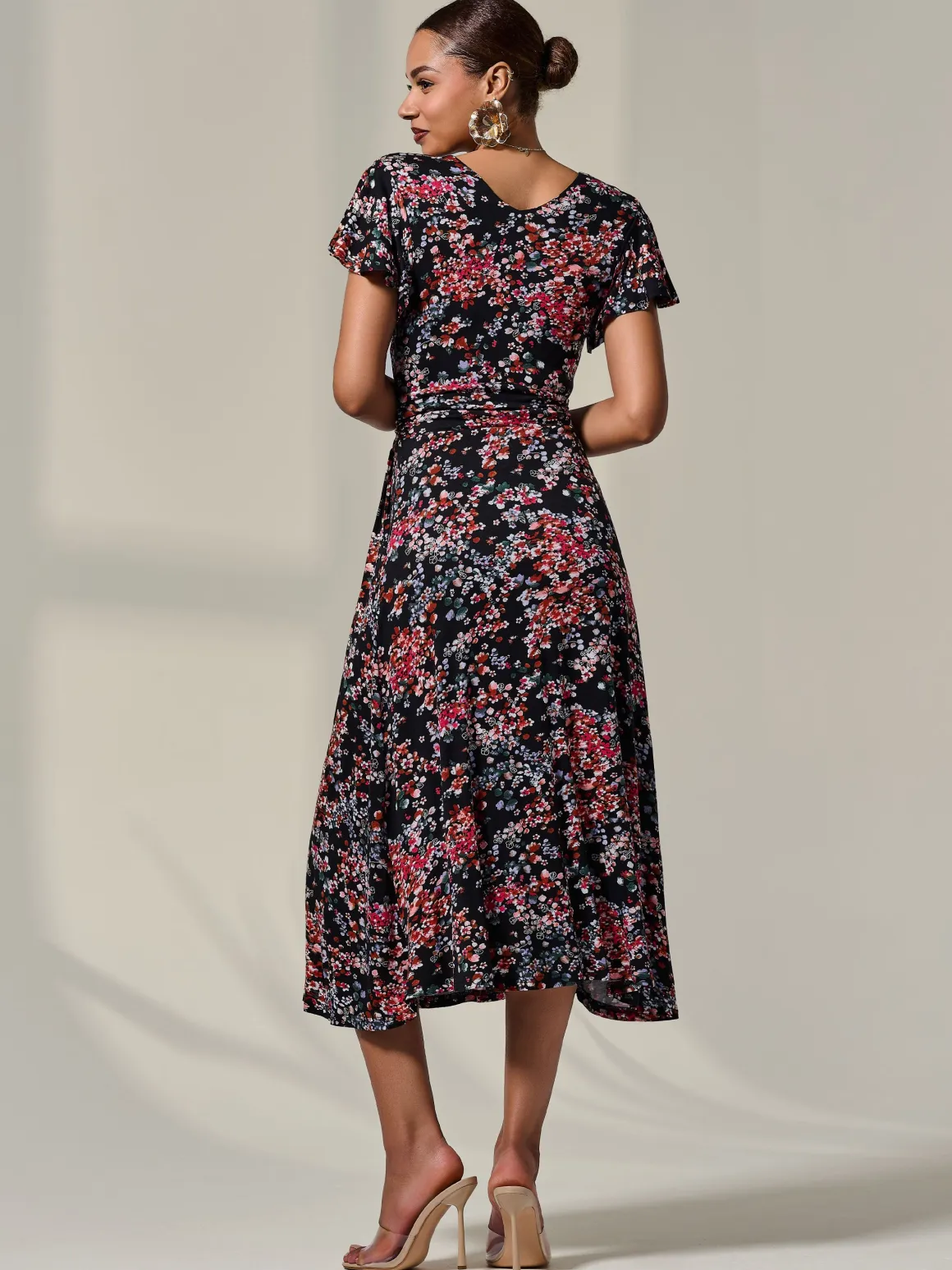 Mock Wrap Jersey Midi Dress, Black Floral