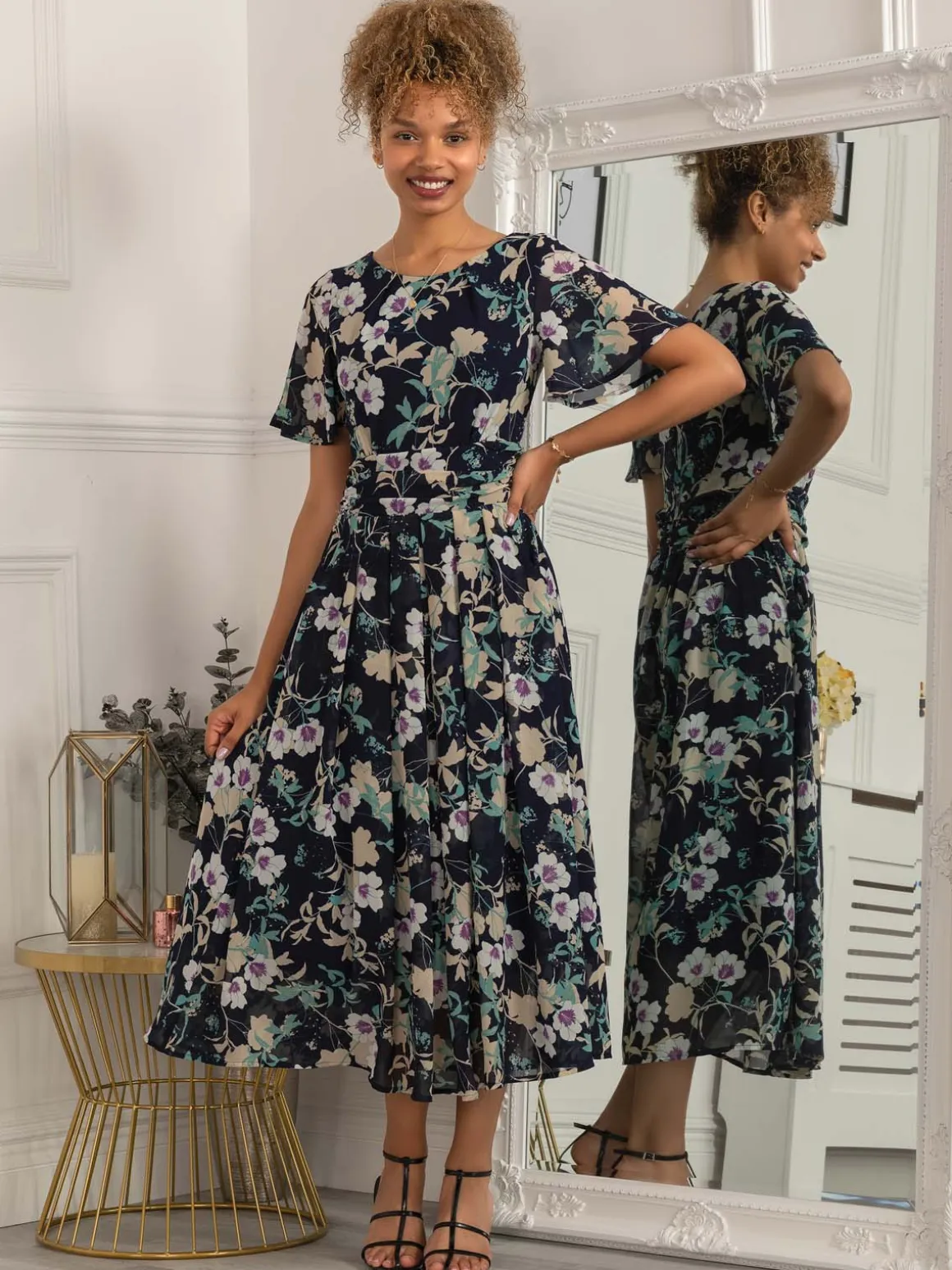 Nadine Floral Print Chiffon Dress, Navy