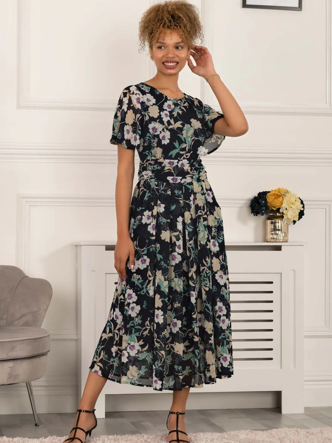 Nadine Floral Print Chiffon Dress, Navy