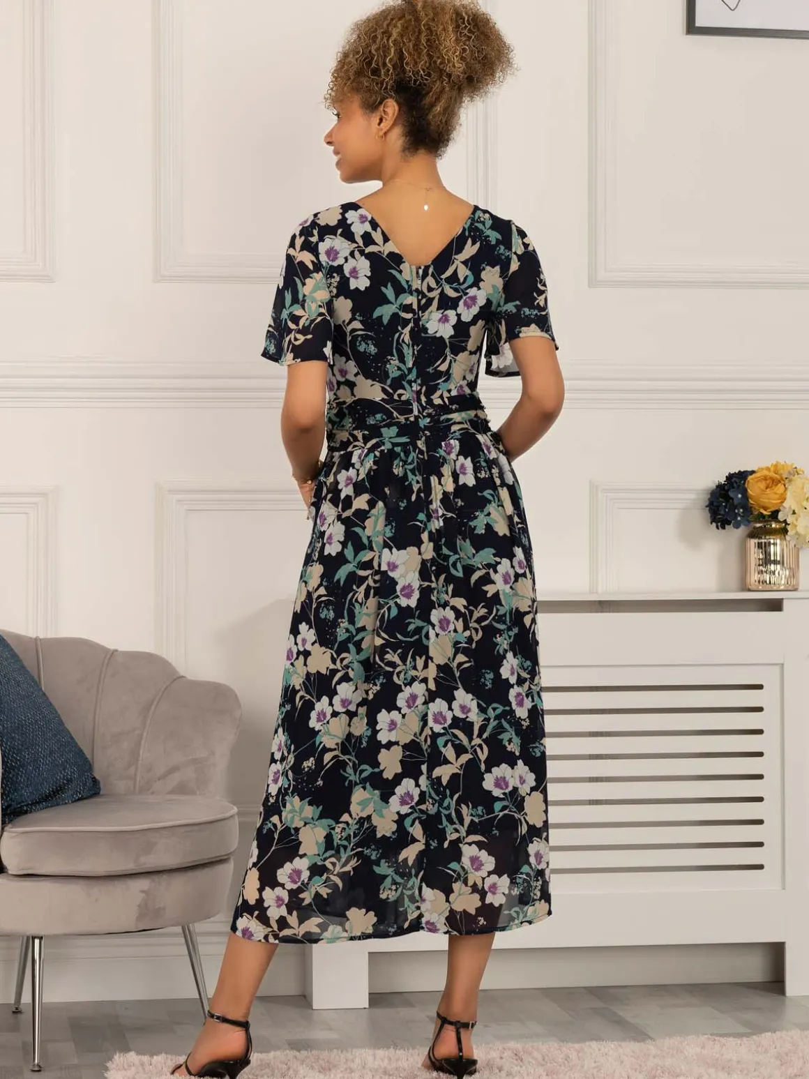 Nadine Floral Print Chiffon Dress, Navy