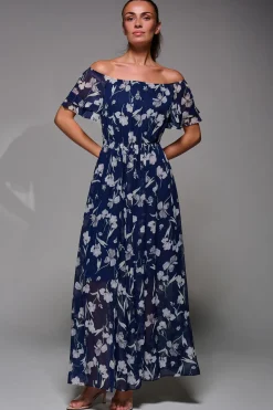 Off Shoulder Chiffon Maxi Dress, Navy Floral