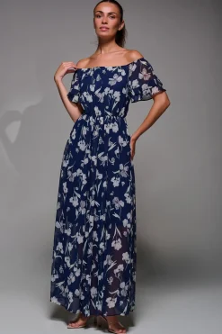 Off Shoulder Chiffon Maxi Dress, Navy Floral