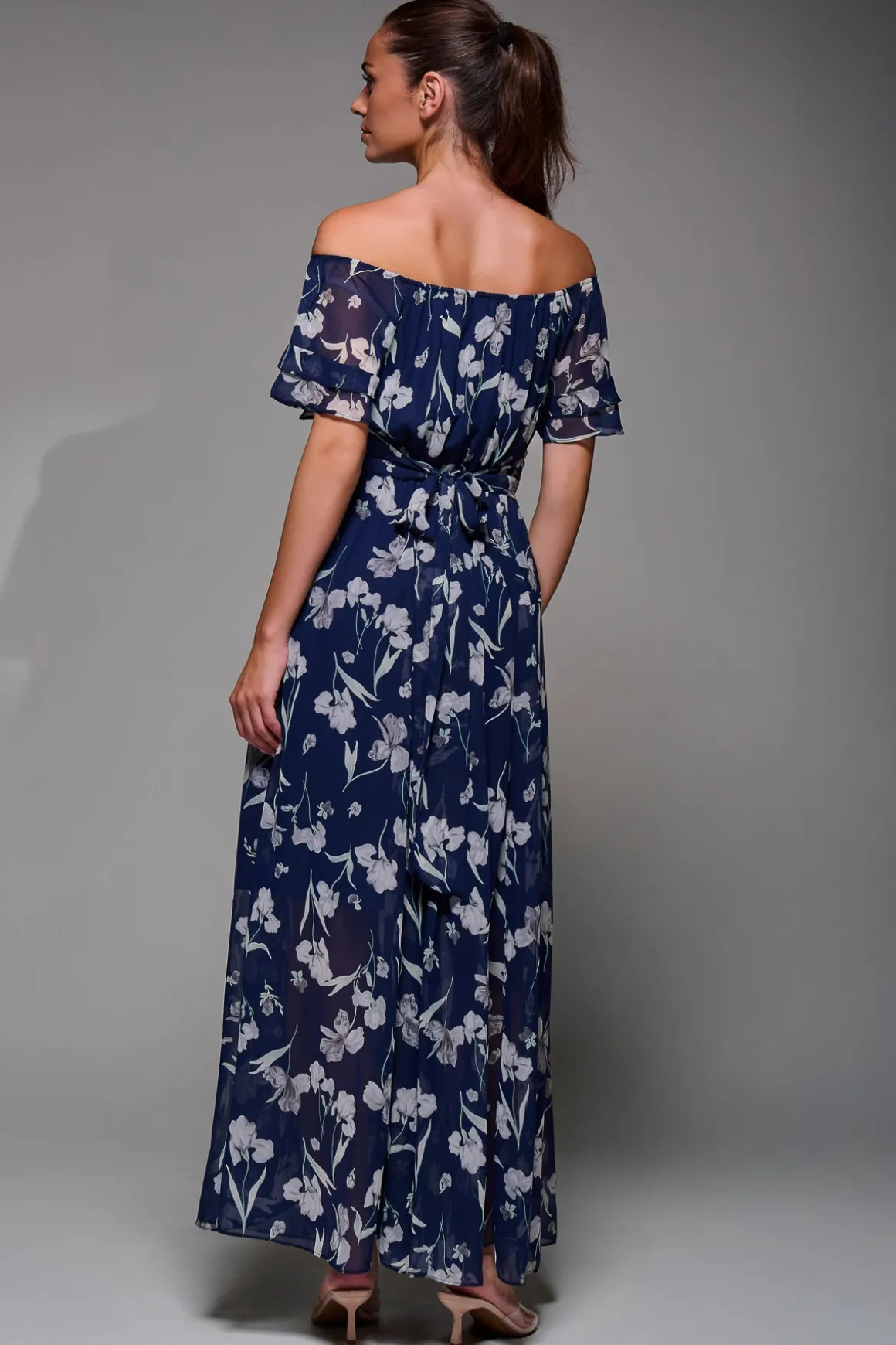 Off Shoulder Chiffon Maxi Dress, Navy Floral