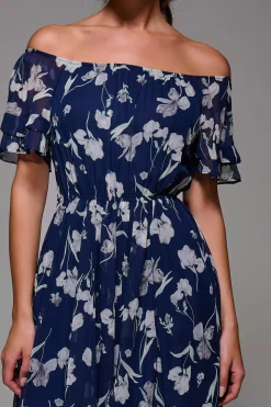 Off Shoulder Chiffon Maxi Dress, Navy Floral