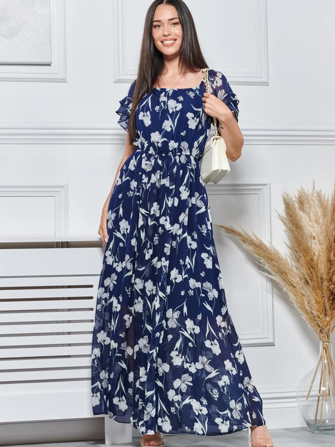 Off Shoulder Chiffon Maxi Dress, Navy Floral