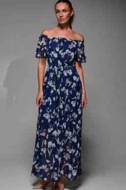 Off Shoulder Chiffon Maxi Dress, Navy Floral