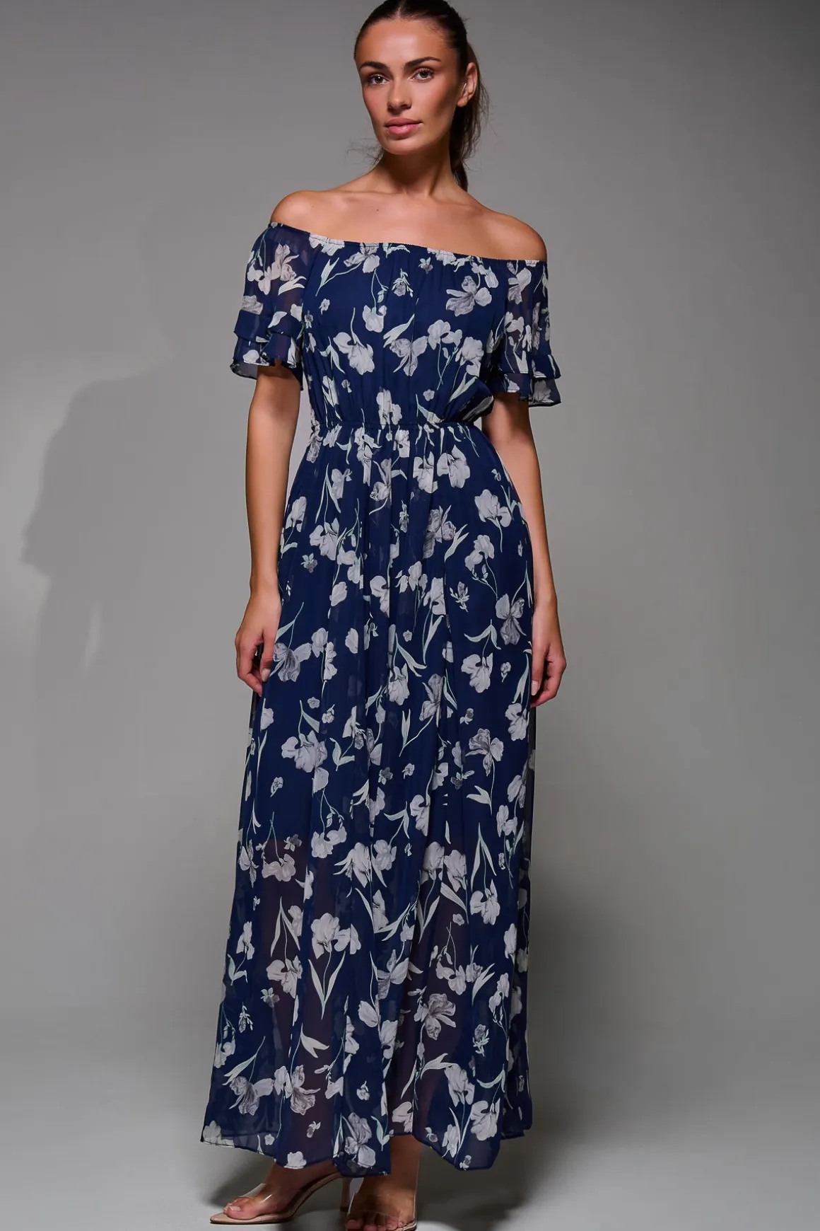 Off Shoulder Chiffon Maxi Dress, Navy Floral