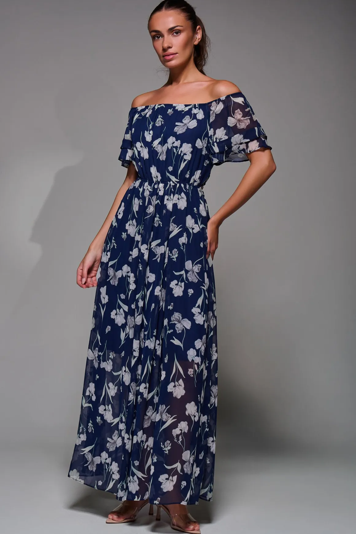 Off Shoulder Chiffon Maxi Dress, Navy Floral