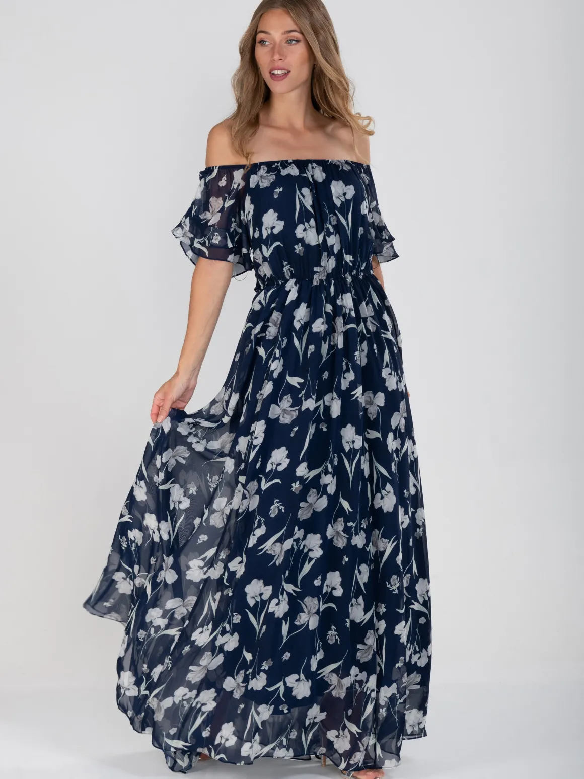 Off Shoulder Chiffon Maxi Dress, Navy Floral