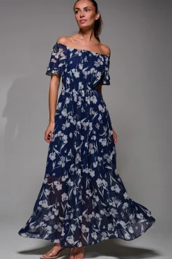 Off Shoulder Chiffon Maxi Dress, Navy Floral