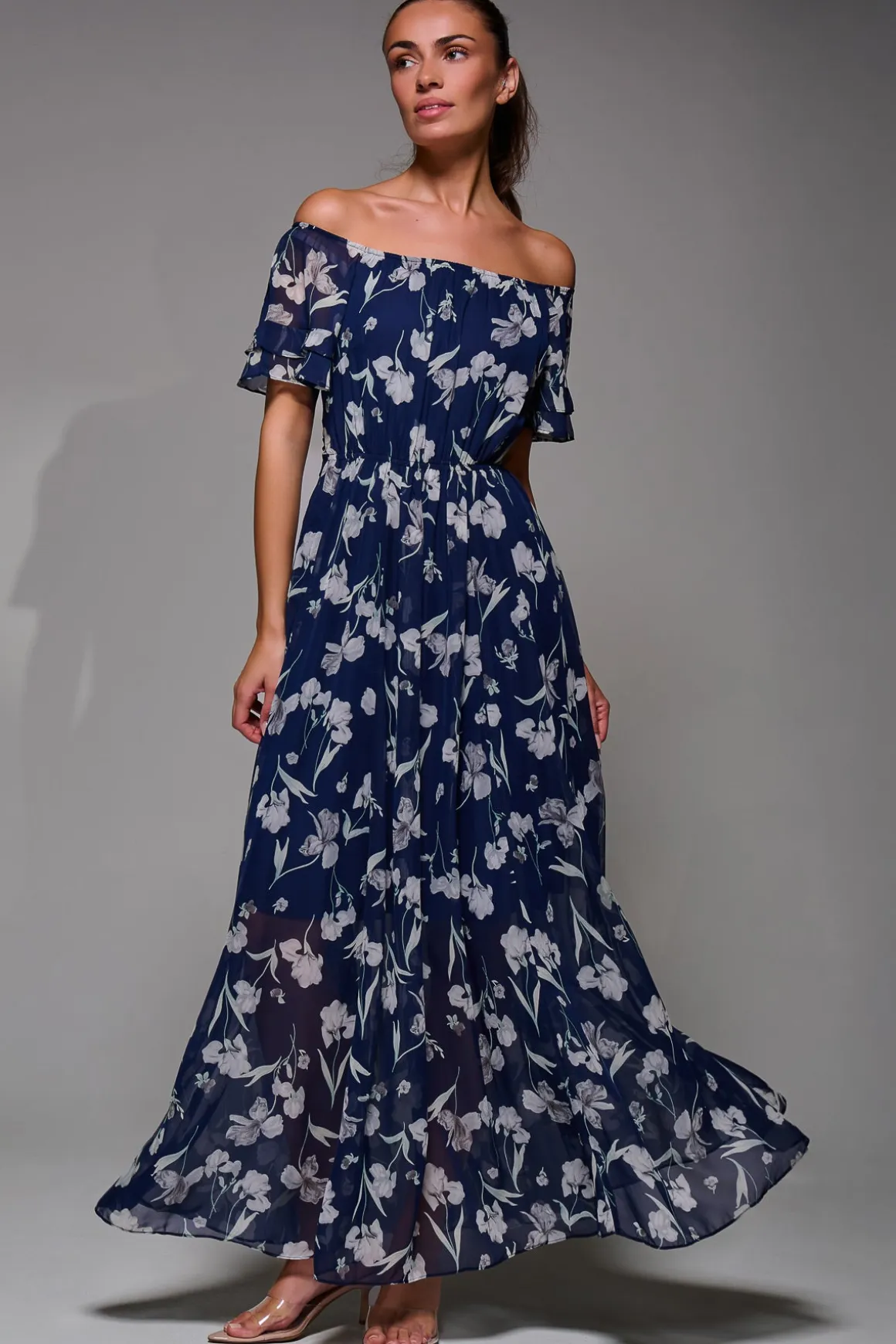 Off Shoulder Chiffon Maxi Dress, Navy Floral