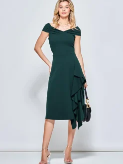 Off Shoulder Frill Ponte Midi Dress, Forest Green