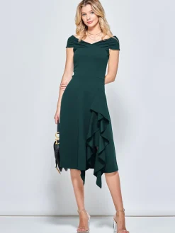 Off Shoulder Frill Ponte Midi Dress, Forest Green