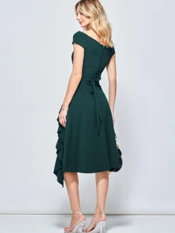Off Shoulder Frill Ponte Midi Dress, Forest Green
