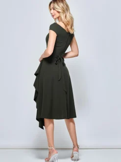 Off Shoulder Frill Ponte Midi Dress, Soldier Green