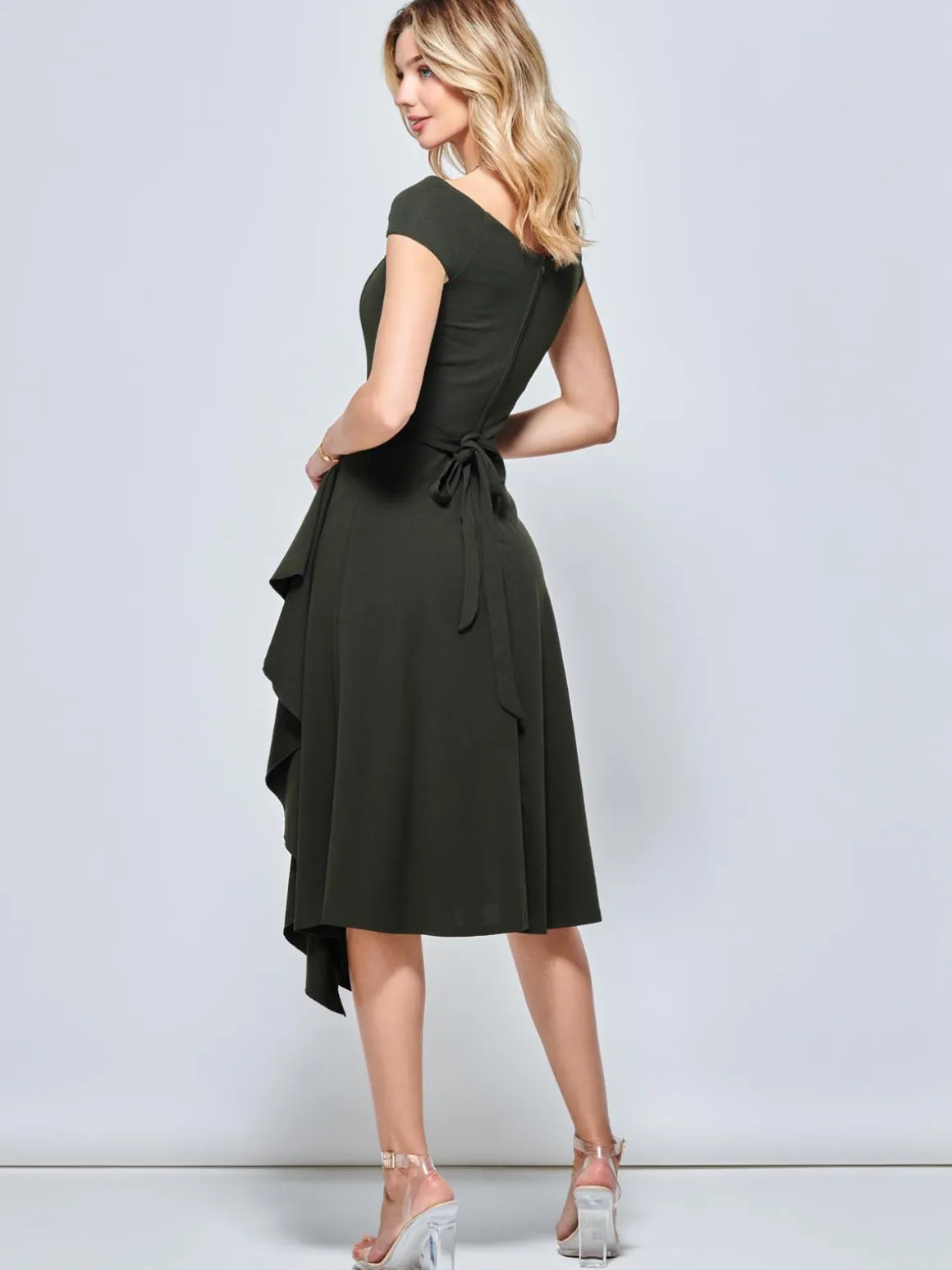 Off Shoulder Frill Ponte Midi Dress, Soldier Green