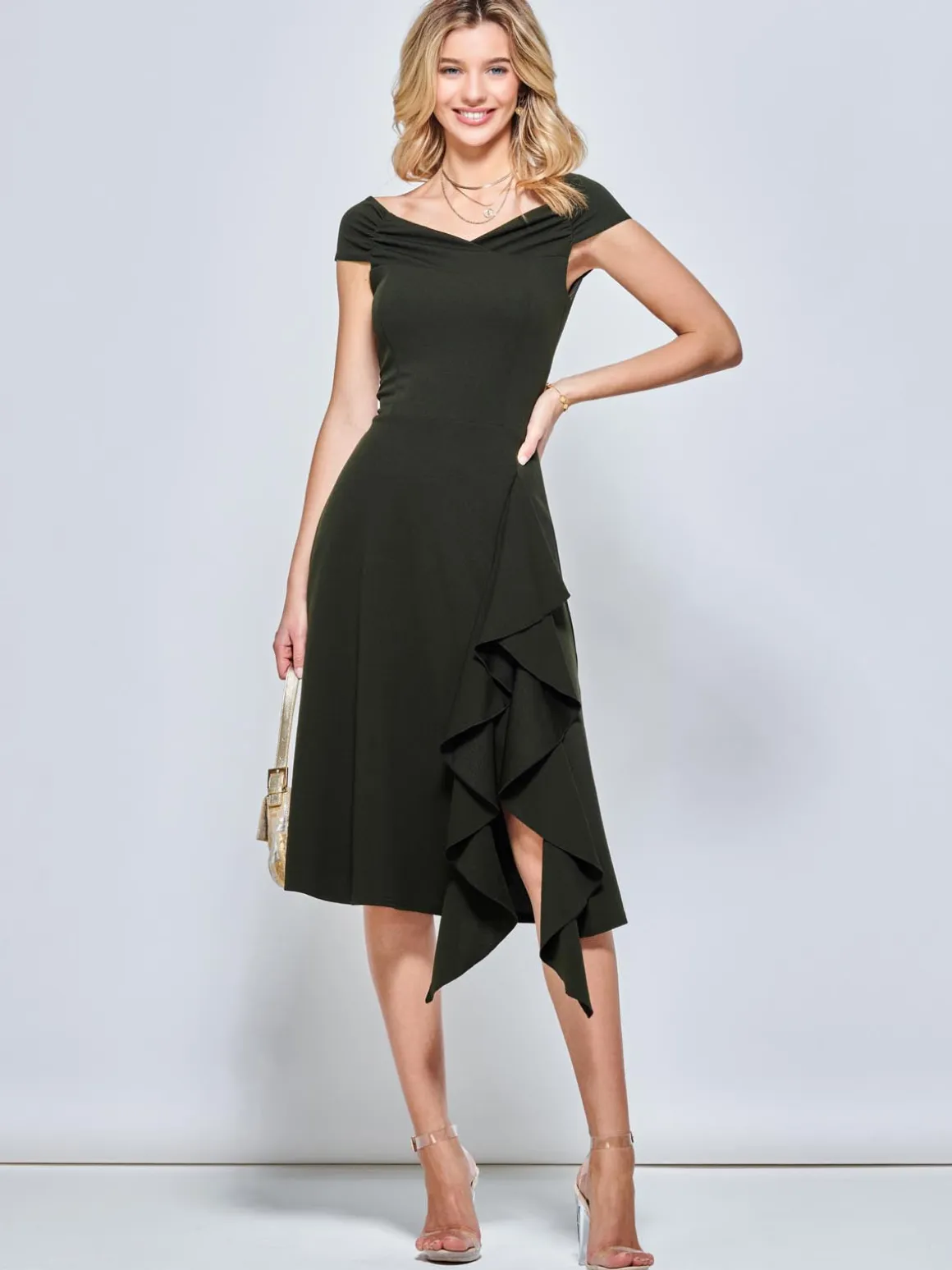 Off Shoulder Frill Ponte Midi Dress, Soldier Green